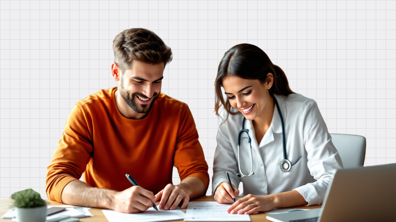 1 Arzt und ein Marketing Manager die gemeinsam die Content Strategie besprechen und durchgehen