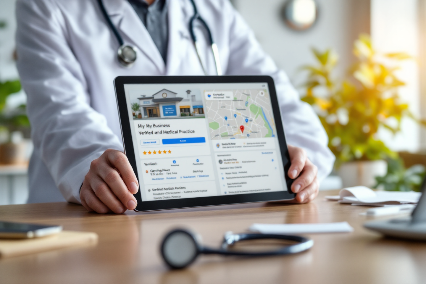Ein Arzt der ein Tablet hält mit seinem Google my Business Eintrag