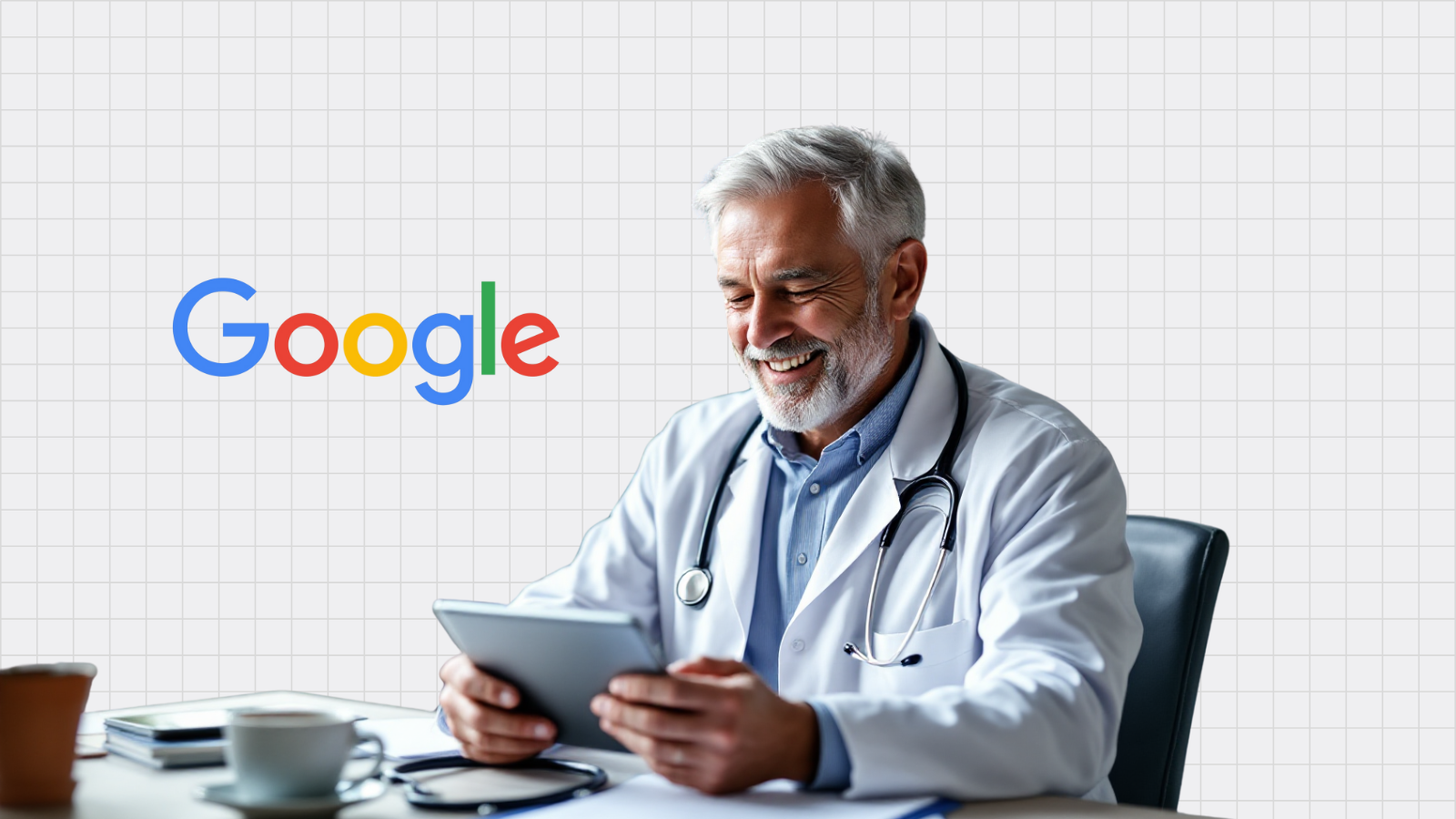 Ein Arzt der ins Ipad schaut und lächelt, über ihm ist das Google Konto