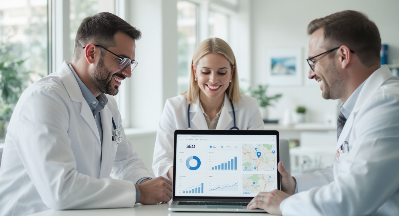Lokale SEO optimierung für Praxen und Kliniken, auf dem Bild sind 3 Ärzte zu erkennen die Ihre SEO Metriken auf einem Laptop anschauen