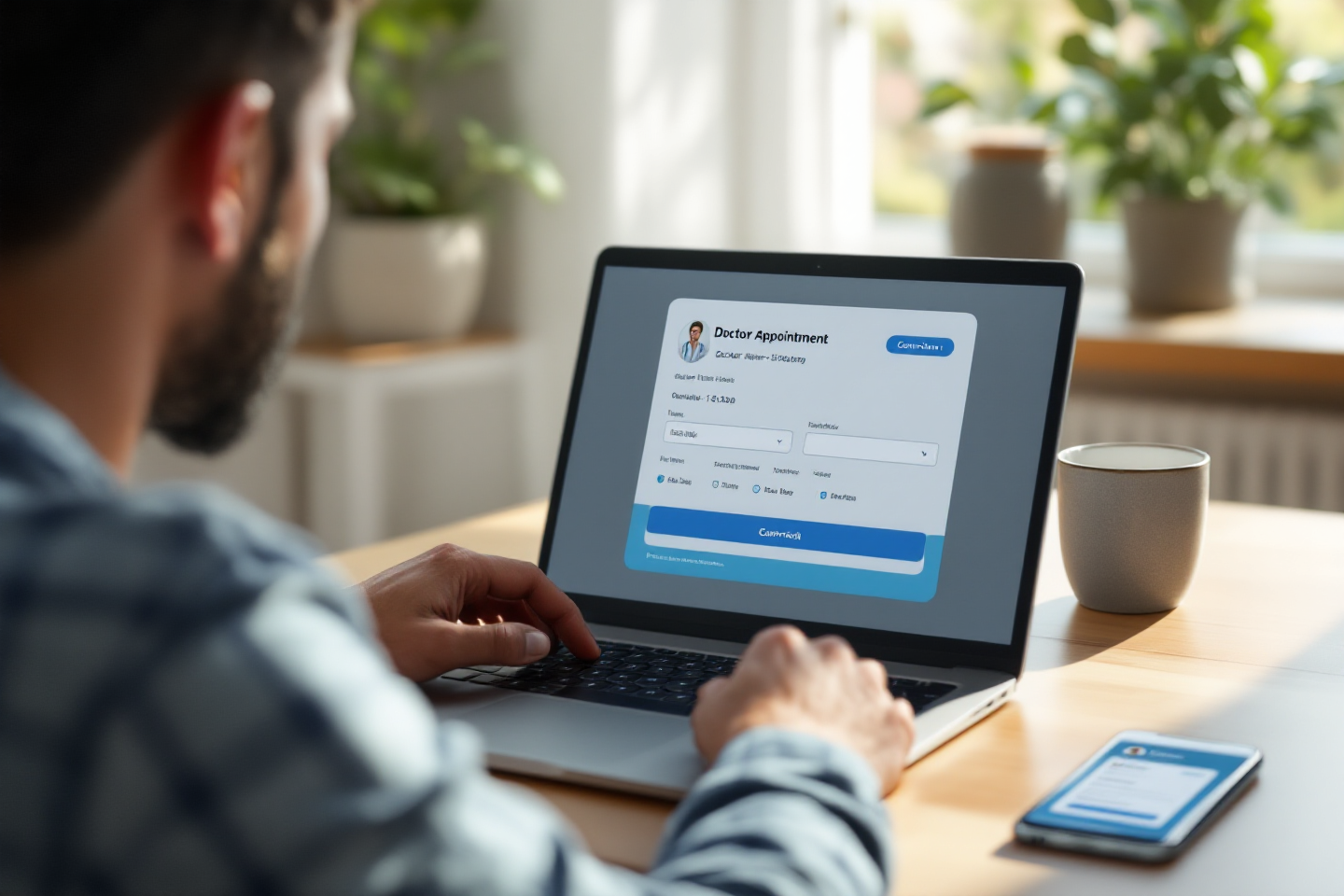 Ein Patient der sich am PC und am Handy am Online Terminbuchungs Portal von seinem Arzt ein Termin auswählt und erstellt