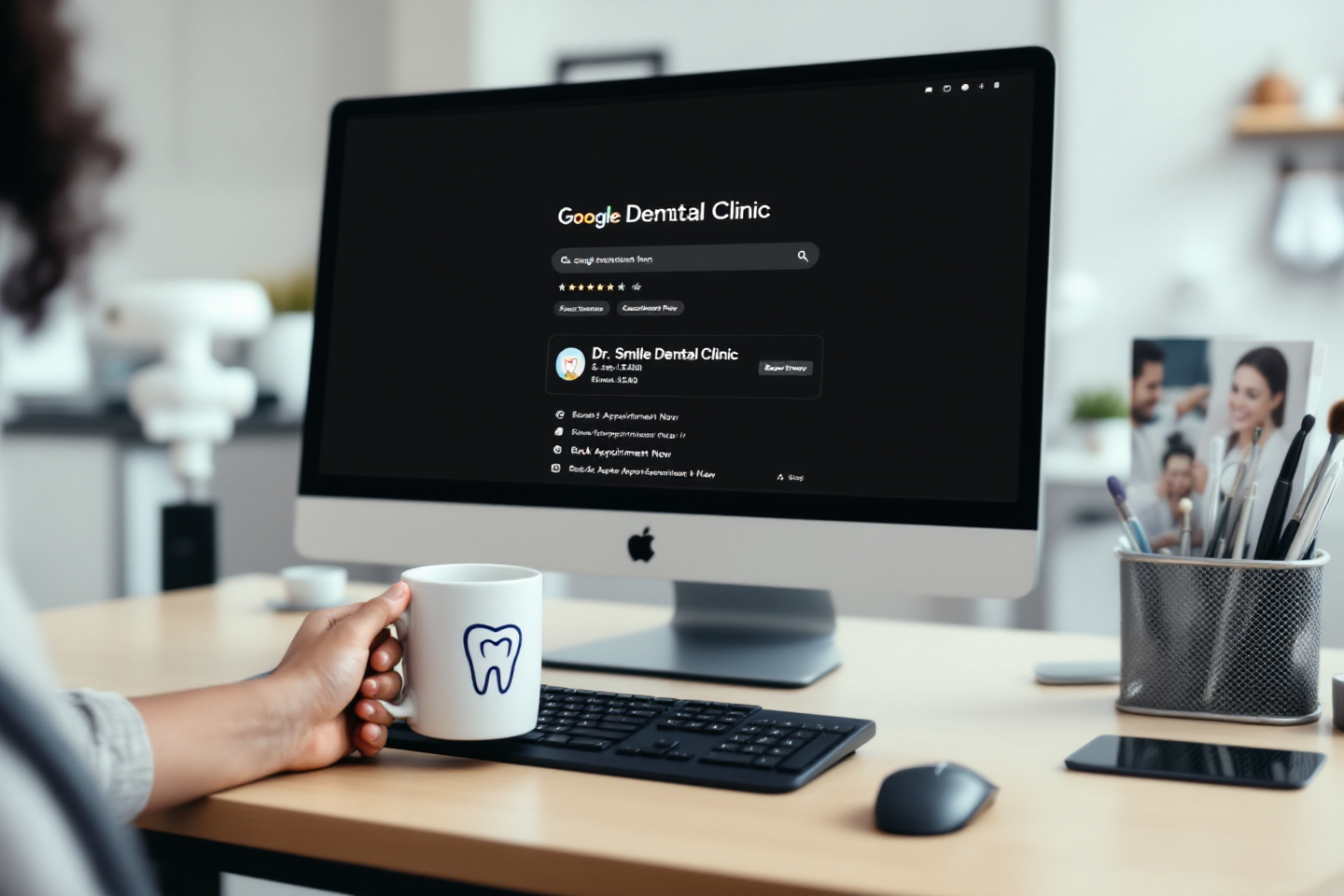 Desktop Bildschirm worauf die Google suche für Zahnärzte zu sehen ist