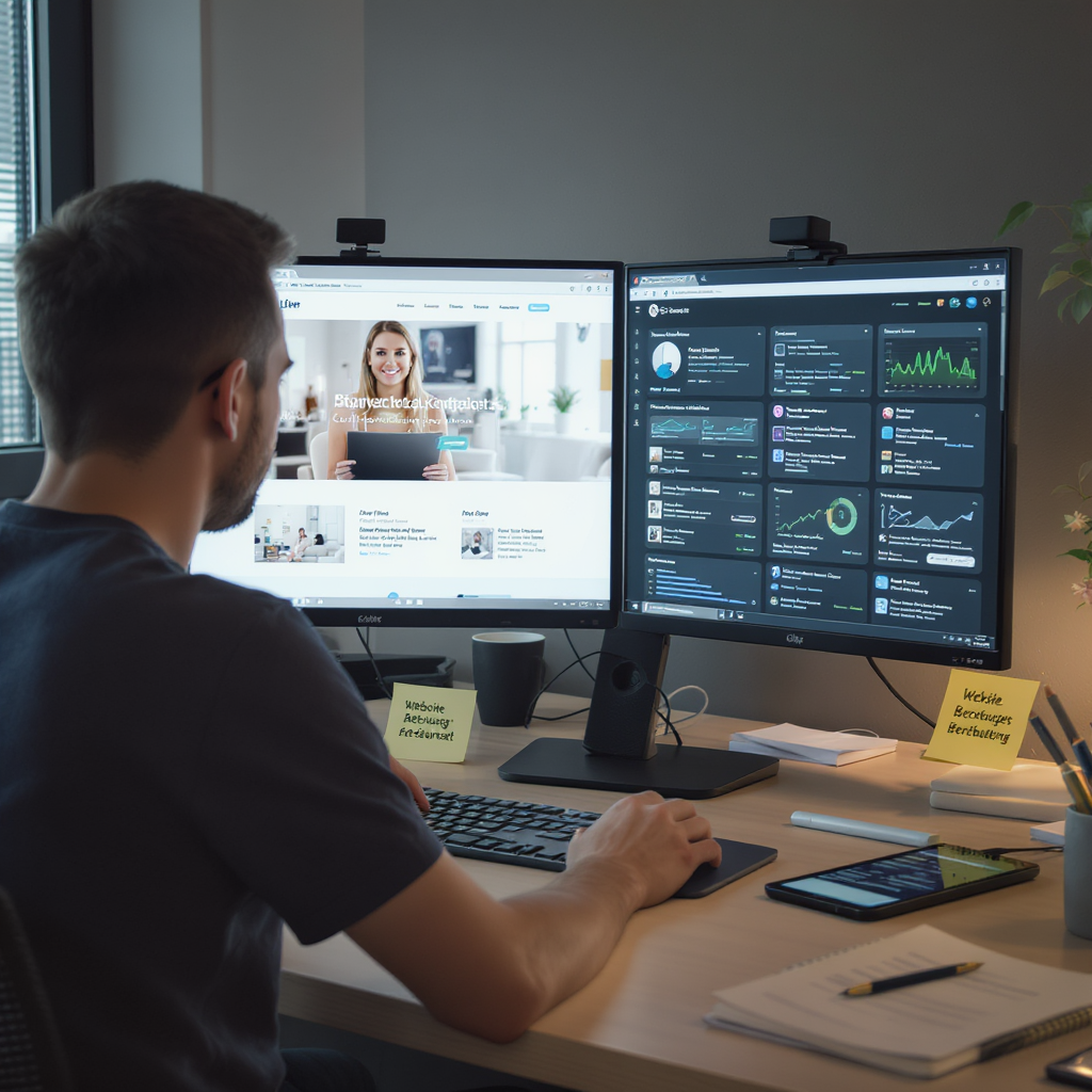 Ein webdesigner der an zwei Monitoren eine Website betreut
