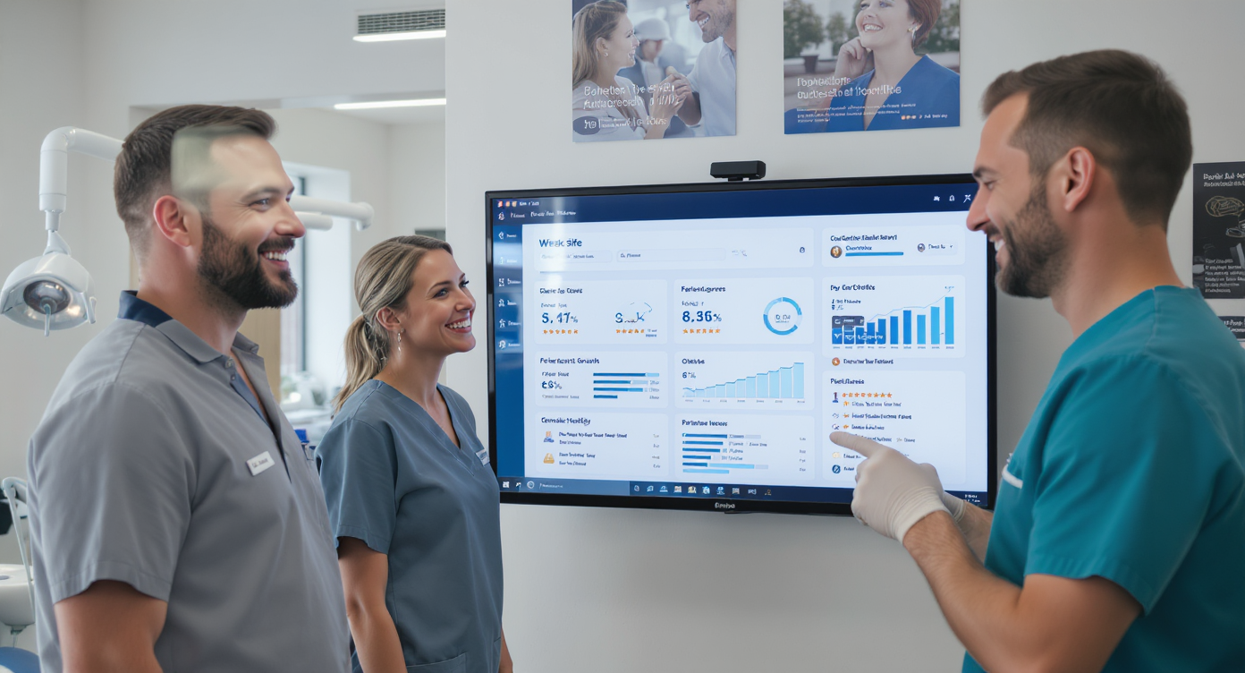 Marketing für zahnaerzte das Bild zeigt 3 Zahnärzte an einem Monitor mit Startistiken zur Sichtbarkeit der Website.